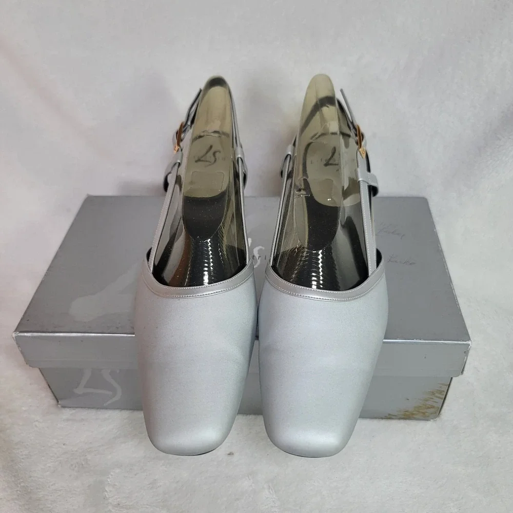 Life Stride Metallic Silver‎ Formal Heels Comfy Slingback Square Toe Size 8.5 N